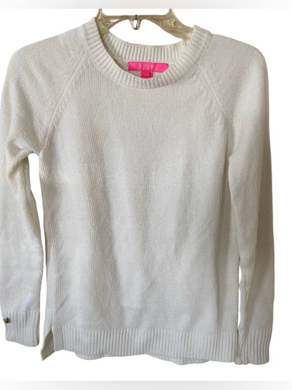 Lilly Pulitzer White Chenille Raglan Sweater with gold pineapple button size XXS